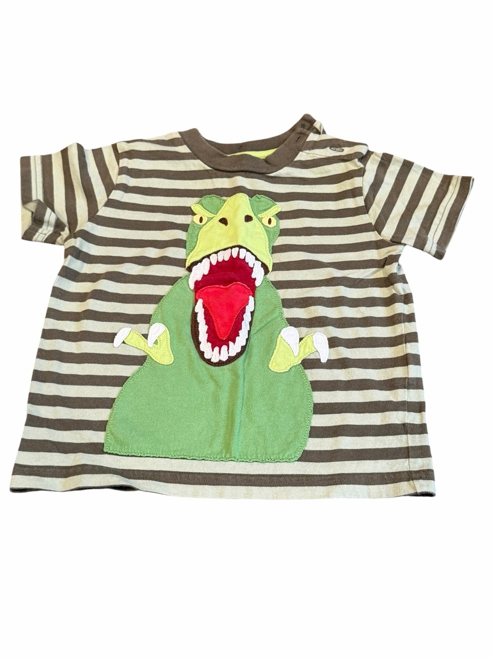 Mini Boden, Brown & Green Striped Tee with Green Dino Appliqué, Size 1 1/2 2